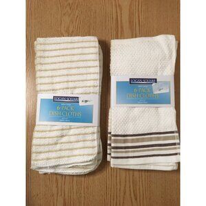 New Bundle Of 12 Logan Square Dish Cloths 100% Cotton Off White Tan Size 12”x12”